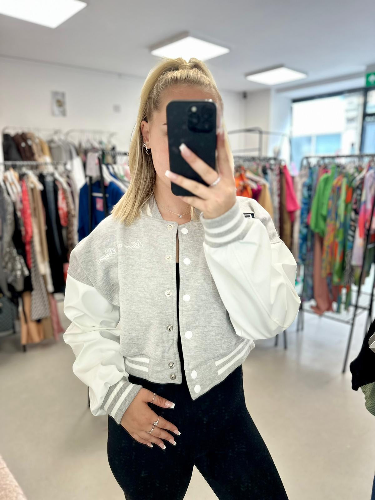 Grey Embroidered Contrast Sleeve Cropped Varsity Jacket