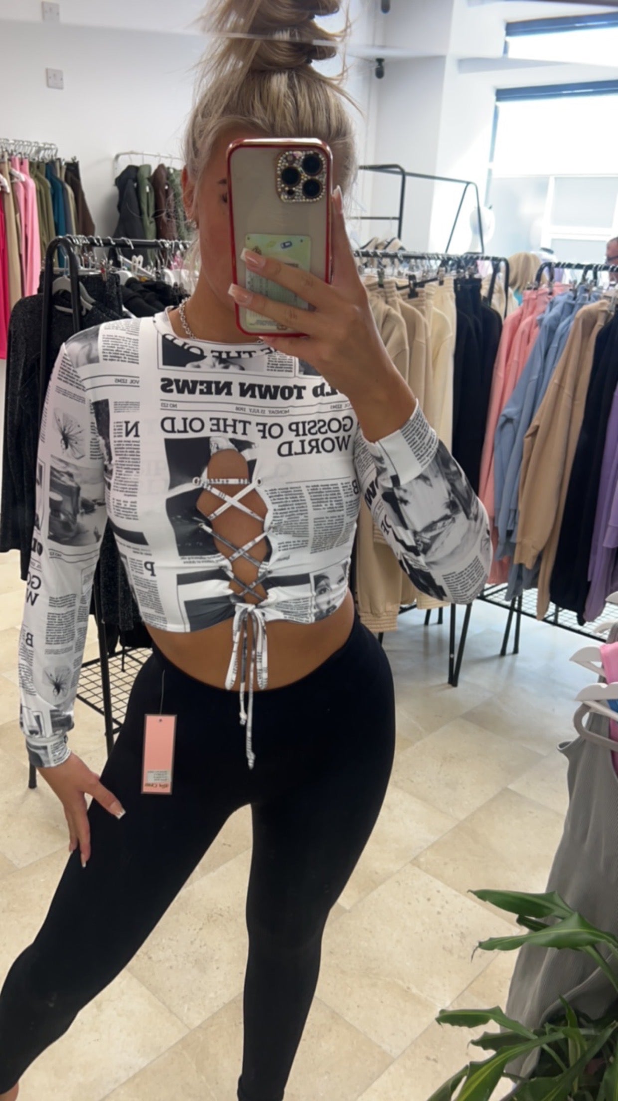 Newspaper Graphic Print Lace Up Crop Top