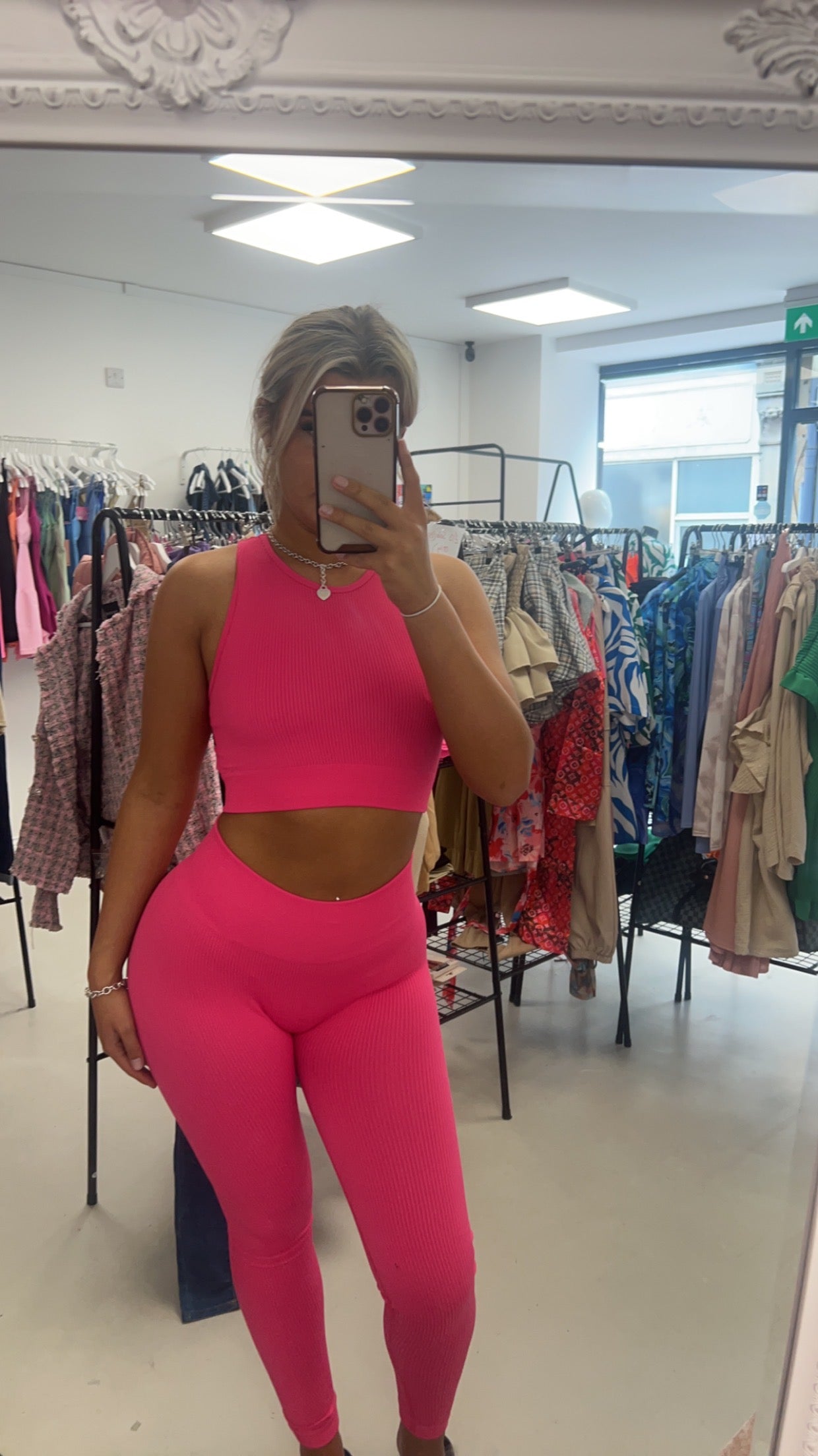 Pink  Ribbed Thick Premium Gym Set Crop Top and Leggings