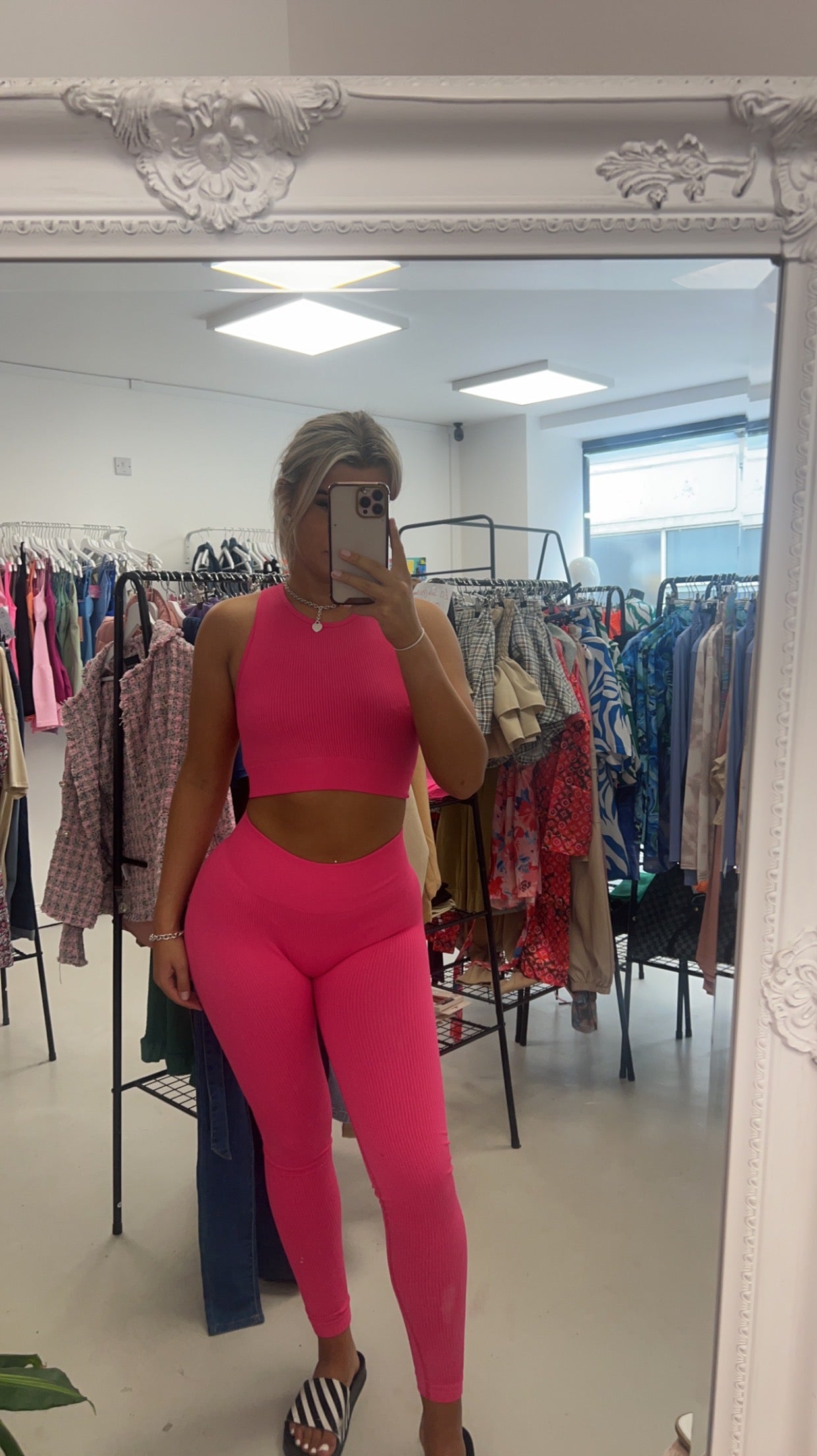 Pink  Ribbed Thick Premium Gym Set Crop Top and Leggings